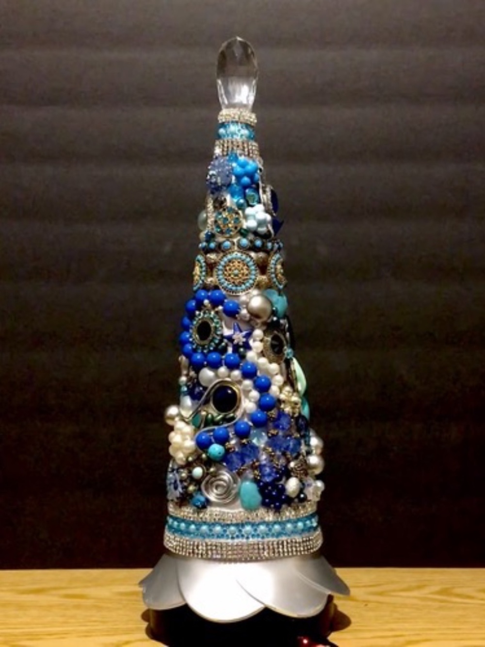 AMAZING VINTAGE JEWELRY CHRISTMAS TREE "BLUE FOREST" ORIGINAL HANDMADE 16" X 4”
